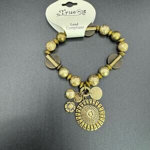 New True Brass Gold Tone Beaded Tribal Medallion Lead Compliant Elastic Bracelet